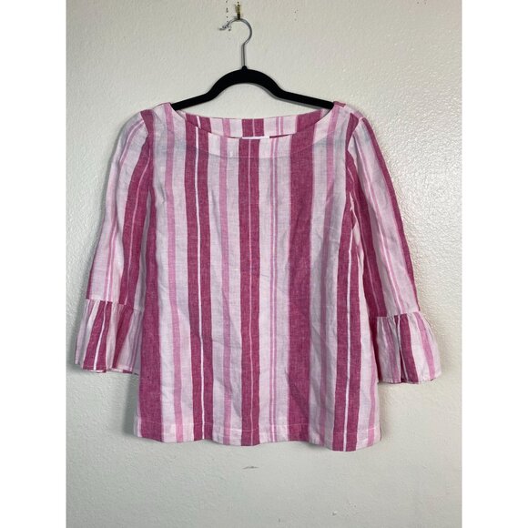 Charter Club Pink White Striped Linen Blouse size Medium Petite Lagenlook Bell S - Picture 12 of 13